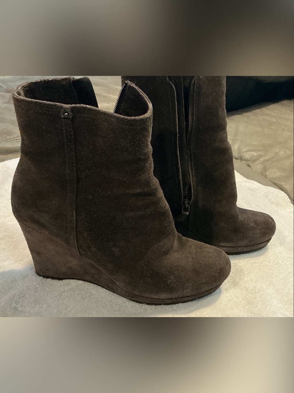 Prada Dark Brown Suede Wedge Ankle Booties